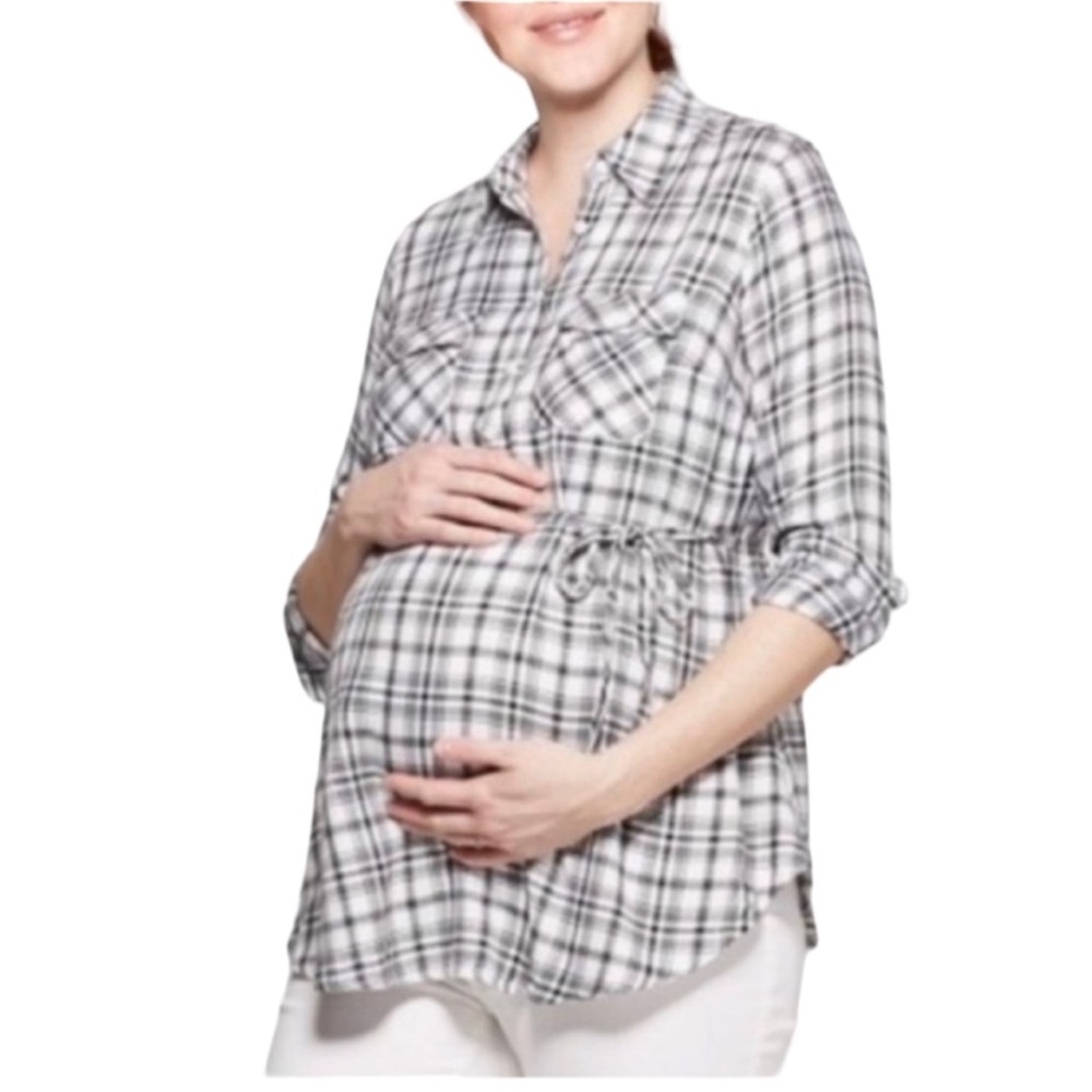 Isabel Maternity Flannel Button Up Top Black and White Plaid Women’s Size Large